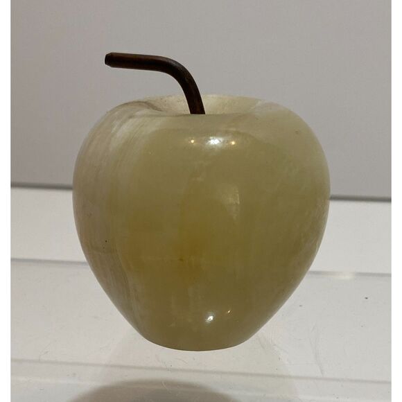 White Beige Pale Green Quartz or Marble Carved Brown Stem Decor Apple - Picture 3 of 7